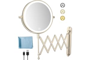 FUNTOUCH Lusterko kosmetyczne z możliwością ładowania przez USB, z powiększeniem 1x/10x, 3 kolory, przedłużone ramię, lusterko do makijażu, obracane o 360°, lustro ścienne do łazienki i hotelu (nikiel