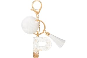 MWOOT Pompon Borlas para Letras Llaveros P, Personalizados Nombre Keychain Mosqueton, Bonitos Cadena Llaveros Casa Regalos para Amigas Keyring Moto Coche Mujer Pack Mochilas Colgante Decorativas