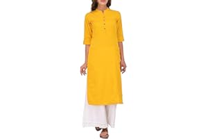 Ladyline Damen Tunika aus reiner Baumwolle, einfarbig, 3/4-Ärmel, aufrollbar, Knopfausschnitt mit Tasche, lang, Kurti Kurta