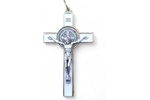 La Balestra Crocifisso per Collana, Croce di San Benedetto Made in Italy - Pendente Artigianale Crocifisso Placcato Oro 18K, Corpo di Cristo in Metallo - Medaglia San Benedetto (Bianco)