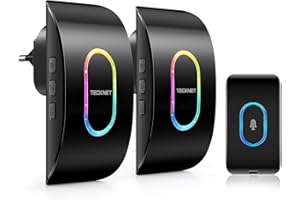 TECKNET Dzwonek Bezprzewodowy do Drzwi Zewnętrznych, Wodoodporny, z 2 Odbiornikami, Wskaźnikiem RGB, Zasięgiem 400 m, Wodoodpornością IP65, 60 Melodiami i 5 Poziomami Głośności (Czarny)