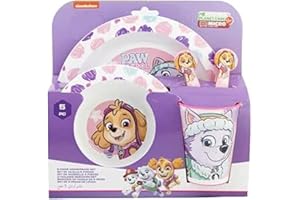 GOLDDUNES Microwave Safe 5pcs Character Animation 2023 Cartoon Dinner Tableware Set Plate, Bowl, Cup, Fork, Spoon BPA Free re-usable Plastic (Paw Patrol Girl Skye)