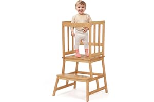 COSYLAND Lernturm ab 1 Jahr – Stabiler A-förmiger Learning Tower für Kinder – Anti-Rutsch, abnehmbar als Tritthocker, runde Ecken, kinderfreundlich – Holzfarbe