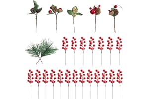 BESTZY Rami di Bacche Pigne di Natale, 27 Pezzi di Pino Artificiale di Natale Piccoli Rami di Pino Artificiale con Bacche Mela di Pino per Composizioni di Fiori di Natale, Corone Alberi e Regali Fai da