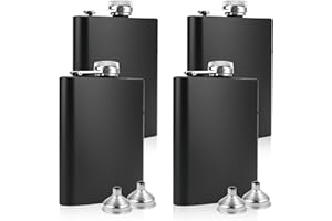 LEKEFETO Thermos in Acciaio Inossidabile: 4 Pezzi da 8 oz Flacone Portatile con Imbuto, Set di Flaconi per Liquore, per Donne, Escursioni, Feste, Campeggio (13,8 x 9,4 cm, Nero)
