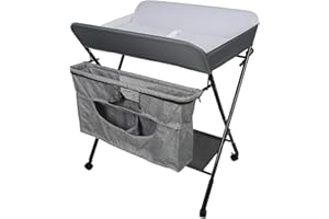 Belfoyer Fasciatoio pieghevole con 4 ruote, organizer portatile per cameretta dei bambini in altezza regolabile con cintura di sicurezza e grandi armadietti portaoggetti per neonati (grigio) 80 x 63 x