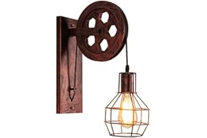 STOEX Lámpara de pared Estilo Vintage de Jaula de Hierro Aplique Creativo de Polea Industrial Diseño Rústico para Corredor Cocina Restaurante Hotel Bar (Óxido rojo)