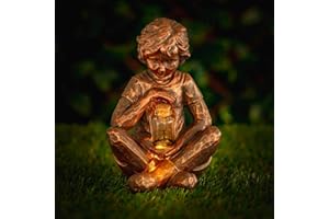 Garden Mile Novelty Resin Solar Powered Garden Ornament Weatherproof Durable Patio Ornaments Garden Flowerbed Scatter Decorations Boy with light up firefly jar