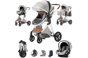 SHUKBETA Kombikinderwagen 3 in 1 Reisesysteme Standardkinderwagen Kinderwagen Buggy Neugeborener Tragbarer Reisewagen Faltbarer Kinderwagen High Landscape Kinderwagen (LIGHTGREY)
