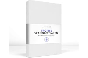 ‎JACOBSON Jacobson Premium FROTTEE Spannbettlaken Spannbetttuch Bettlaken Baumwolle ca. 200g/m² (180-200x220cm + 40cm, Weiss)