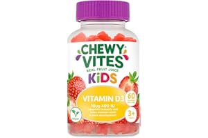 Chewy Vites Kids High Strength Vit D3, 60 Kids Vitamin D Gummies, 10 mcg 400 IU Vitamin D3, 2 Months Supply, Vegan, Real Fruit Juice, Age 3 +, Strawberry Flavour