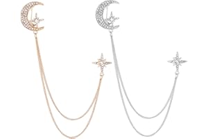 CHGCRAFT 2Pz 2 Colores Broche de para Hombre con Cadena Luna Y Estrella con Borla de Diamantes de Imitación Broche de Luna Y Estrella Cadena Larga Broche de Solapa para Hombre Traje Longitud 171mm