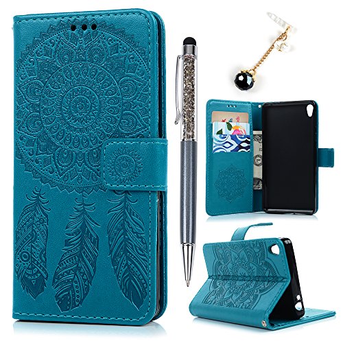 Lanveni Lederhülle Leder Tasche für Sony Xperia E5 Hülle Windspiele Muster Design Case Cover Bookstyle Brieftasche Card Slot Handy Schutzhülle Back Cover (Blau) + 1 x Stylus Pen + 1 x Staubdichte Stecker