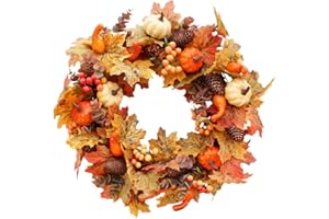 MOFIC 40 cm Herbst-Türkranz, künstlicher Herbst-Ahornblatt-Kranz für Haustür und Innenbereich, Weihnachten, großer Erntekranz, Dekorationen mit Kürbis und Beere für Halloween, Thanksgiving (Kein Licht)
