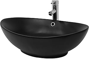 ML DESIGN MODERN LIVING ML-Design Lavabo Sobre Encimera, 59x38x19 cm, Cerámica, Diseño Ovalado, Lavadero Negro Mate, Lavamanos Sobremesa Sanitario Baño o Aseo, Moderno y Elegante, Pila Con Rebosadero y Orificio de Desagüe