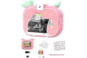 Robofun Appareil Photo Enfant Instantané, 2.4" 1080P HD Appareil Photo Instantané Numérique avec 5 Rouleaux de Papier à Imprimer, 48MP/180° Double Objectif, Cadeau pour Filles Garçons 3-12 Ans(Rose)