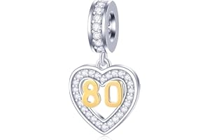 GLOWDAS 10 to 25 28 30 33 35 40 45 50 55 60 65 70 75 80 Birthday Charms, fit European Anniversary Bracelet/Necklace, Golden Number 925 Sterling Silver Heart Pendant with CZ, for Women/Men