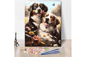 TISHIRON Paint by Numbers Animals Adults DIY Artwork Two Dogs in a Flower Field Oil Painting Kids Beginner Colorful Canvas Painting Art Modern Painting by Numbers Kits for Living Room Home Decor 16x20 Inch