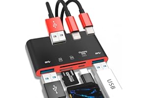 JOOPSHEE 5-in-1 Memory Card Reader, USB OTG Adapter & SD Card Reader for iPhone/iPad, USB C and USB A Devices with Micro SD & SD Card Slots, Supports SD/Micro SD/SDHC/SDXC/MMC(BlackRed)