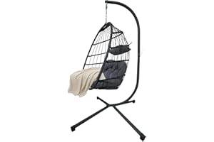 YESUITME Swing Chairs,Egg Chair Rattan Hanging with Cushion, Foldable Egg Chair Outdoor Indoor, Garden Patio Hammock Chair with Stand & Adjustable Height, upto 130 Kg Weight Capacity (Light Grey)