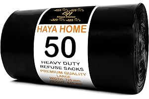 H HAYA HOME Haya Home 50 Black Plastic Bin Bags Liners, Refuse Sacks Pack of 50 X 1 Heavy Duty Waste Dustbin roll 100L for Kitchen Office DIY Garden Made from 100% Recycled Material