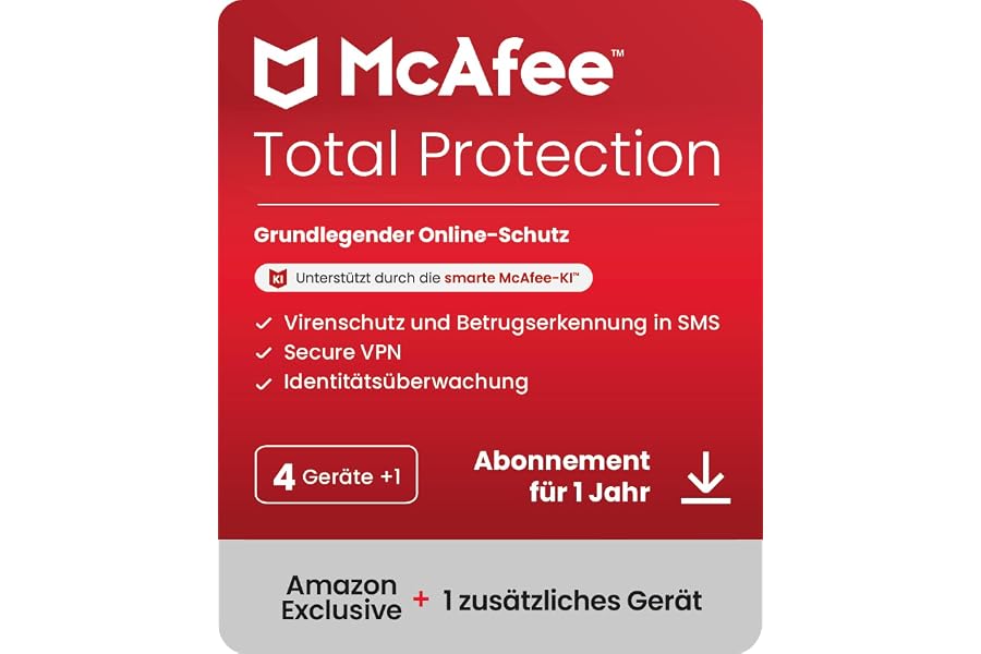 McAfee Total Protection (4 + 1 Gerät) 2025 | 12 Monate|Secure VPN, Sicherheitssoftware mit Virenschutz, Kennwort-Manager, Ide