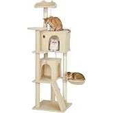 PawHut Cat Tree Scratching Tree Climbing Tower 63 Inches Beige | Cat Tree, Multiple Platforms, Bed, 2 Caves, Hammock, Ladder,