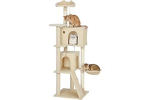 PawHut Árbol Rascador para Gatos, Árbol para Gatos 160 cm, Torre Escalador con Múltiples Plataformas, Cama, 2 Cuevas, Hamaca, Escalera, Postes de Sisal, Bolas para Jugar, Beige