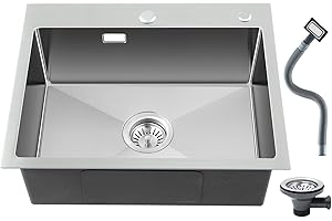 ROVOGO Spülbecken 55x45cm, Küchenspüle Edelstahl mit Loch für Armatur und Seifenspender, Einbauspüle mit Ablaufgarnitur inkl. Siebkorbventil und Abtropf-Überlauf, Handgefertigte Spüle Küche, Gebürstet