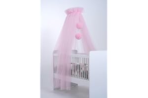 BABY FANCYROOM Babybetthimmel aus Tüll, Betthimmel für Babybett, Prinzessin Babywiege, Beistellbett Baby, Moskitonetz, Babyzimmer Deko, Baldachin Kinderzimmer 165cm lang, mit Pompons, Taupe (Candyrosa)