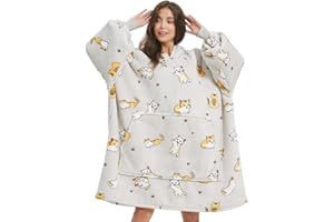 Sedefen Plaid Couverture Polaire avec Manches,Sweat-Shirt à Capuche avec Poches Portables,Confortable Flanelle Douverture TV Femme Homme,Hiver Chaud Sherpa Adulte,Gris Clair,Chat