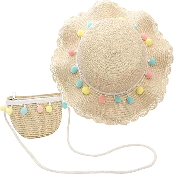 Chapeau De Paille Enfants Filles - Chapeau Plage Été Large Bord Respirant Beige/Rose