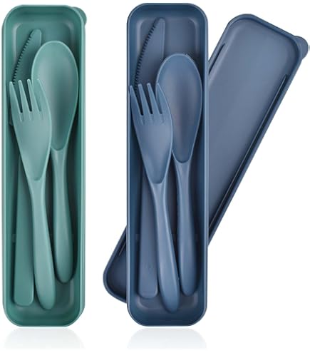 Reisbestekset met etui, draagbaar plastic bestekset herbruikbaar mes vork lepel eetstokjes camping gebruiksvoorwerpen set (4 sets