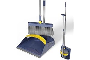 Eukue Set Scopa e Paletta- Scopa Girevole a 180° e Paletta Verticale con Manico Lungo in Acciaio Inox, Scopa con Manico - per Camere da Letto, Cucine e Soggiorni (Blu e Giallo)