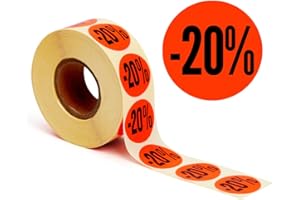 POKORNYS - Etiquetas promocionales «-20%» I Tarjetas para productos rebajados I Set de 2.000 autoadhesivos de descuento en rojo brillante I Pegatinas adhesivas permanentes, redondas con Ø 32mm