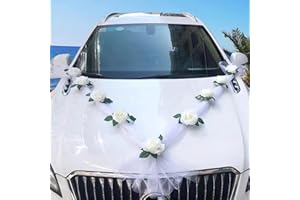 Chexin Autoschmuck Hochzeit Weiß, Hochzeitsauto Dekorationsset, Car Wedding Girlande, Blumenschmuck Auto Hochzeit,DIY Weiß Gaze Rosendekoration Set, Auto Schmuck Hochzeit mit 9 Rosen, 2 x 1.6 m Lange