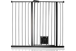 Bettacare Barrière pour Chien avec Chatière Verrouillable, 113.8cm - 121.4cm, Noir, Hauteur de 104cm, Barrière de Sécurité pour Animaux Extra Haute avec Chatière pour Chat