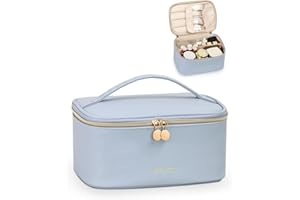 Prite Groß Kosmetiktasche für Damen Reise Kulturtasche aus Wasserdichtem Leder Tragbare Kulturbeutel oder Make Up Tasche mit Griff und Abnehmbarem Trenner (Blau)