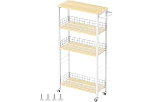 YBING Carrito de almacenamiento delgado de 4 niveles con ruedas y mesa de madera, organizador para baño, espacio pequeño, 7.3 W