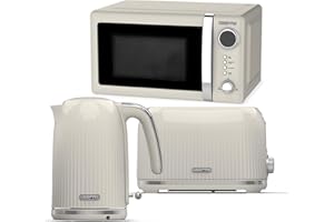 Geepas Electric Kettle 2 Slice Bread Toaster & Microwave Kitchen Set | 3000W 1.7L Textured Cordless Kettle | 2 Slice Toaster with 7 Level Browning Control | 700W Digital Microwave 20L, Cream