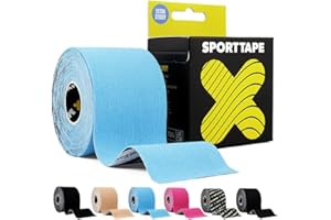 SPORTTAPE Bardzo klejąca taśma kinezjologiczna, 5 cm x 5 m – niebieska, hipoalergiczna, wodoodporna taśma sportowa, fizjoterapeutyczna taśma sportowa w przypadku urazów mięśni, wsparcie | niecięta