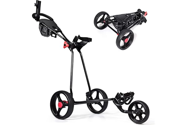 GYMAX Chariot de Golf à 3/4 Roues, Voiturette Golf Pliable avec Poignée Réglable et Sacs en Maille, Chariot de Golf Manuel avec Roues Amovibles avec Freins