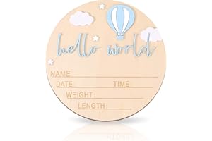 lasuroa Panneau d'Annonce de Bébé, Bois, 15cm Panneau Hello World de Nom Nouveau-Né pour Garçon ou Fille d'Annonce Naissance pour Hôpital Décoration Chambre d'Enfant Baby Shower Accessoire Photo