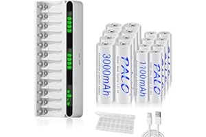 Mspalocell Pack de 16 Pilas Recargables AA 3000mAh y AAA 1100mAh con Cargador, USB Tipo C 5V Pantalla LCD Cargador Rápido con 12 Ranuras para Pilas NiMH 1.2V AA AAA