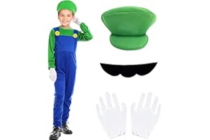BITOWO Mario Costume Kids 3-4 4-5 5-6 6-7 7-8 9-10 11-12 Halloween Luigi Costume Boys Girls Outfit Fancy Dress Up Jumpsuit Bodysuit Kids Boys Girls with Hat Gloves Moustaches for World Book Day Cosplay