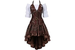 Grebrafan Corset Cuero Falda Tul y Blusa Pirata Steampunk Conjunto de Corsés y Bustiers con Tirantes