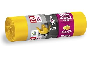 ANNA ZARADNA worki na śmieci z uszami zapach CYTRUSOWY, 60 l, 16 sztuk, do biura, z folii HDLD, wyprodukowano z surowców wtórnych, kolor: żółty
