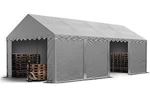 TOOLPORT Lagerzelt 4x8 m Industriezelt Unterstand PVC Plane 750 N grau mit Bodenrahmen und Dachverstärkung