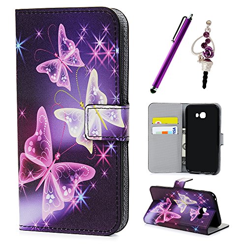 Badalink für Samsung Galaxy A3 2017 Case Hülle für Samsung Galaxy A3(2017)/A320F (4.7") - Cover Flip Tasche mit Kartenfach und Ständerfunktion in Schmetterling Butterfly Muster Lila Design + 1x Anti Staub Schutz Stöpsel + 1x Eingabestift Stylus Touch Pen