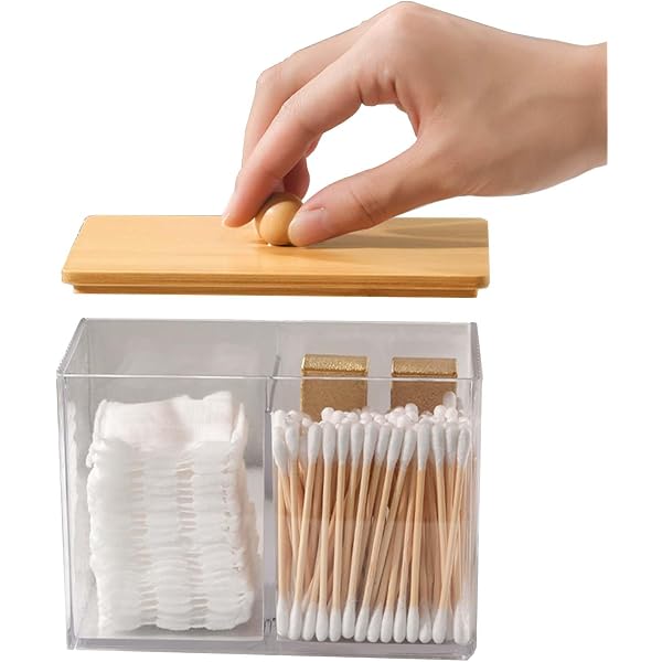 Organisateur Cotons-tiges Boîte à Cotons-tiges Acrylique Noire - Couvercle Bambou - 3 Compartiments - Rangement Salle De Bain - GOURDBRO Rangement Coton-tiges